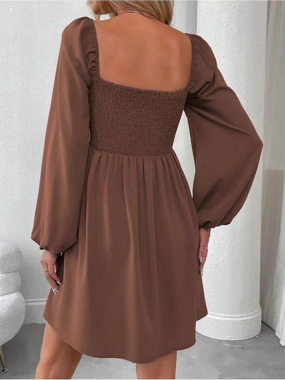 Brown Long Sleeve Square Neck Mini Dress